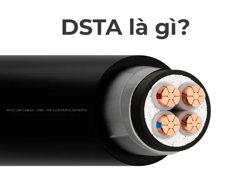 Hình ảnh cắt lớp cáp điện sử dụng DSTA của Ngoc Lan Cables với bốn lõi đồng được cách điện riêng biệt, bọc trong lớp độn PP màu trắng, bao quanh bởi lớp giáp bảo vệ DSTA và vỏ PVC ngoài màu đen. Phần trên có tiêu đề "DSTA là gì?".