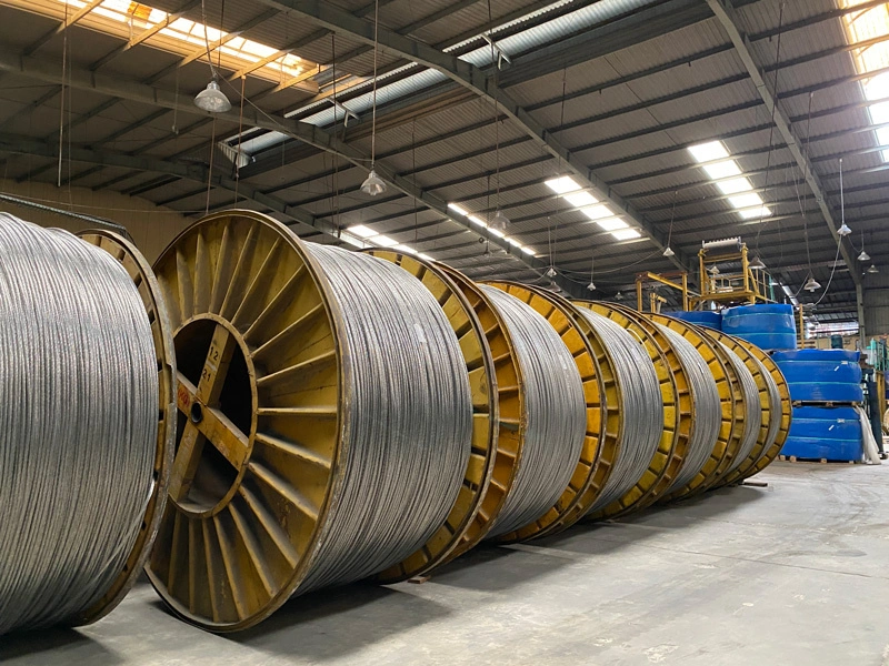 The finished aluminum cable coils are placed in the electrical cable manufacturing plant.