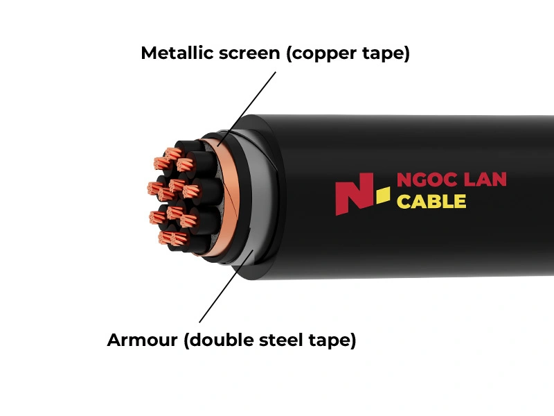14-core control cable construction with copper conductors, steel tape armoured, PVC insulation, PVC outer sheath